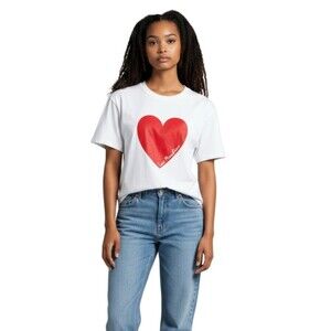 Love Moschino Shirt Womens 10 White Red Heart Graphic Short Sleeve Tee Casual